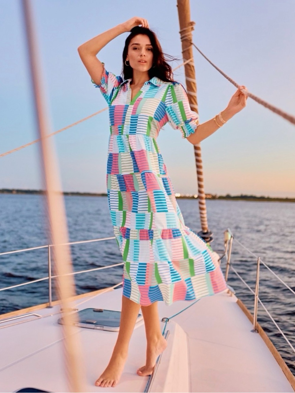 Mary Square Molly Yacht Club Tiered Striped Pink Green Blue midi Dress Medium